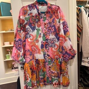 Beulah Style Floral Colorful Button Down Drop Waist Pleated Boho Dress size OS